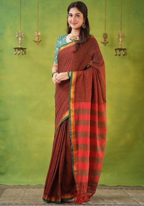 Brown Weaving Cotton Saree Set
