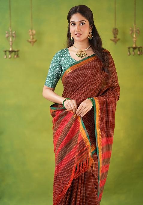 Brown Weaving Cotton Saree Set