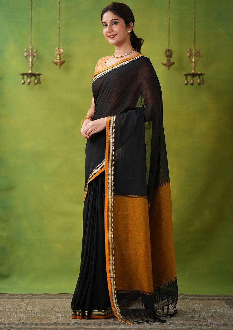 Black Weaving Cotton Saree Set - Indya