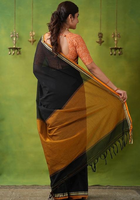 Black Weaving Cotton Saree Set