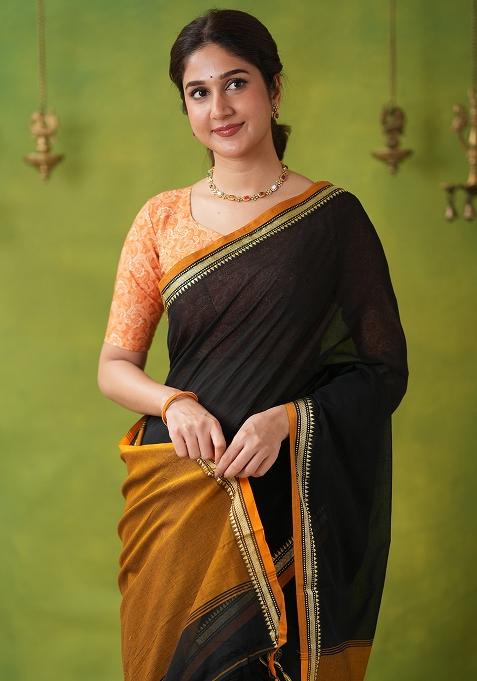 Black Weaving Cotton Saree Set