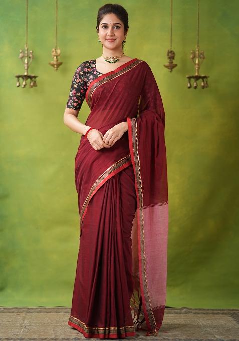 Maroon Weaving Cotton Saree Set