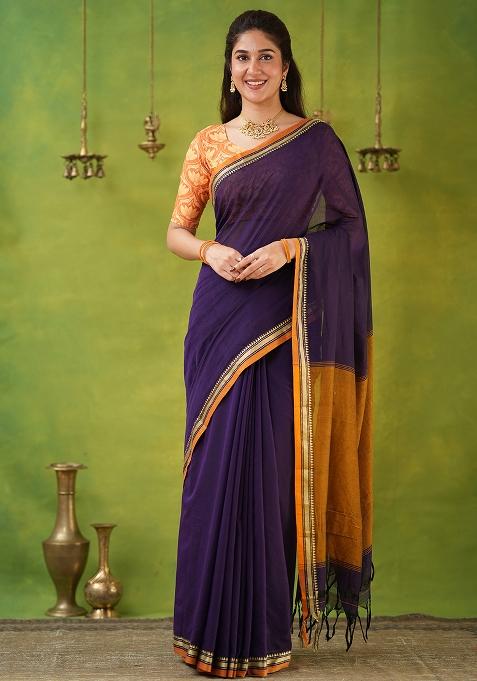 Violet Weaving Cotton Saree Set