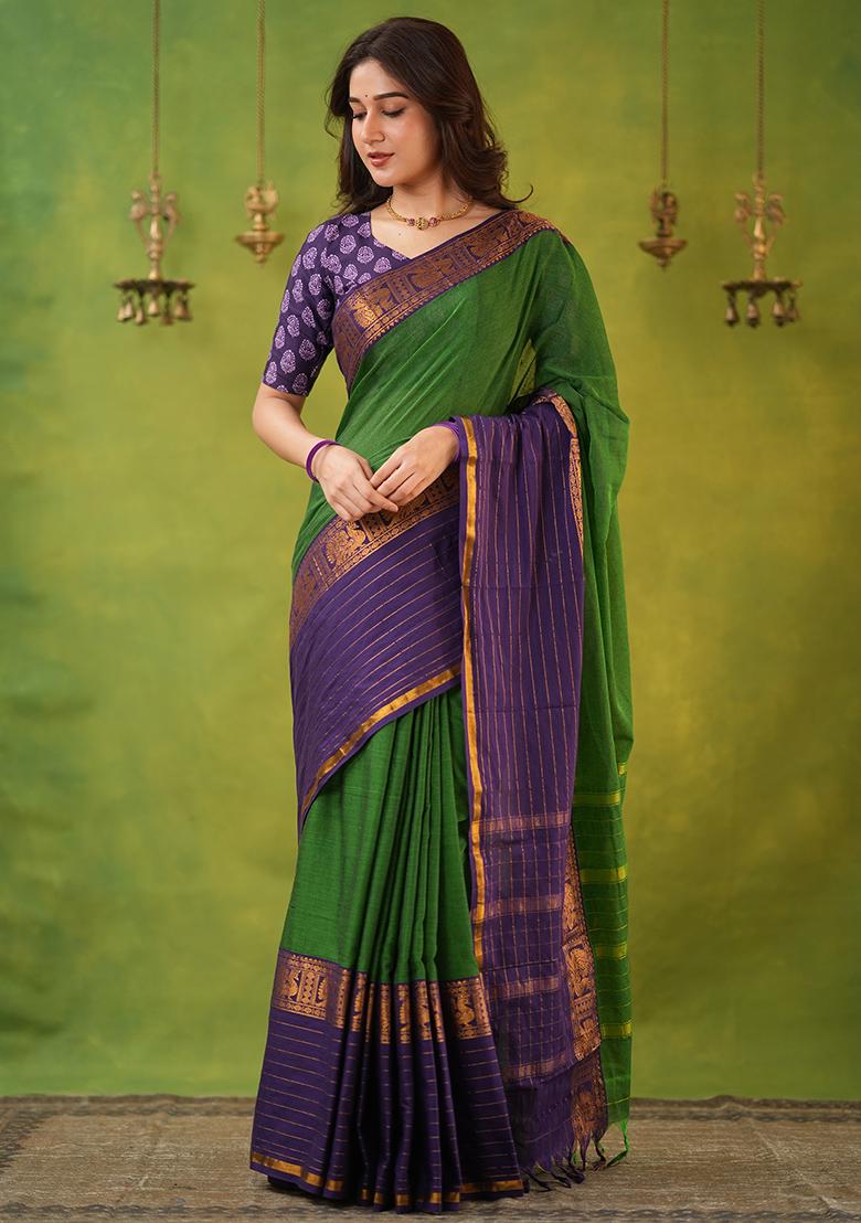 Green Weaving Cotton Saree Set