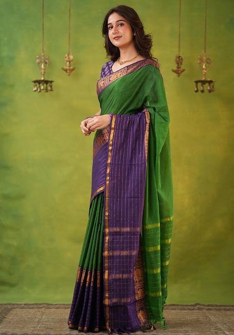 Green Weaving Cotton Saree Set