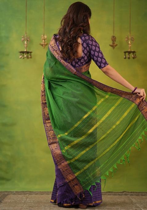 Green Weaving Cotton Saree Set