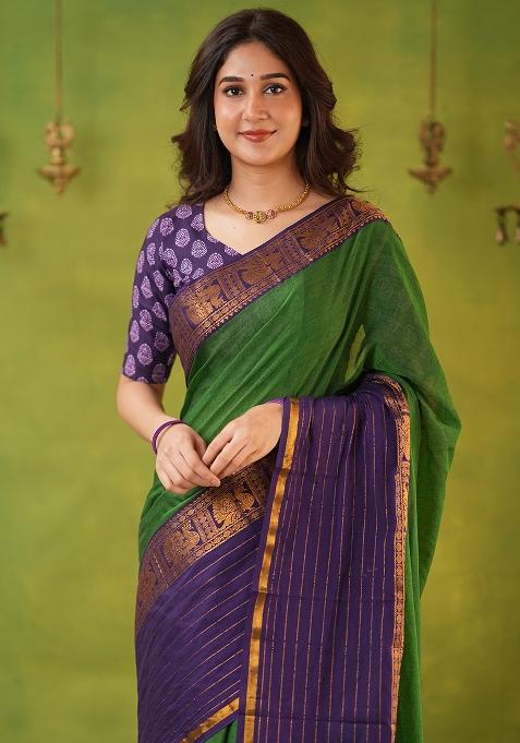 Green Weaving Cotton Saree Set