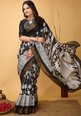 Black Embroidered Cotton Saree Set