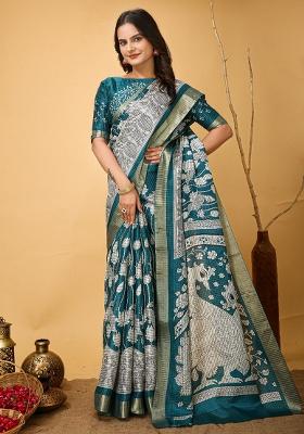 Blue Embroidered Cotton Saree Set