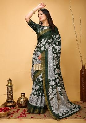 Green Embroidered Cotton Saree Set