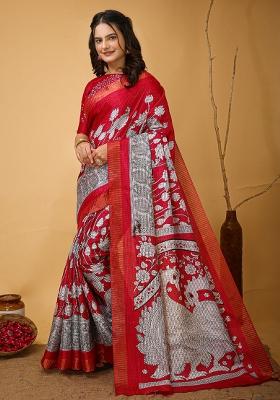 Red Embroidered Cotton Saree Set