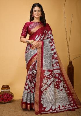 Maroon Embroidered Cotton Saree Set