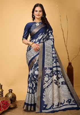 Blue Embroidered Cotton Saree Set
