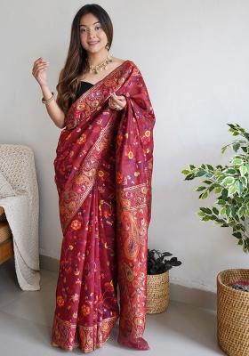 Maroon Embroidered Cotton Saree Set