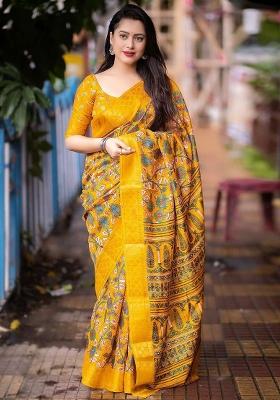 Yellow Embroidered Cotton Saree Set