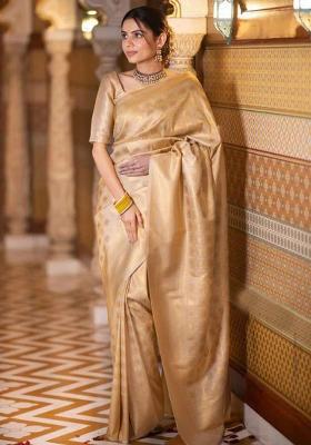 Beige Embroidered Silk Saree Set
