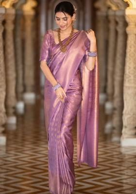 Purple Embroidered Silk Saree Set