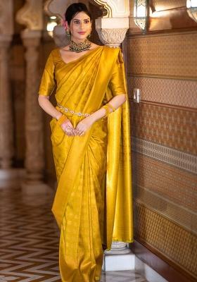 Yellow Embroidered Silk Saree Set
