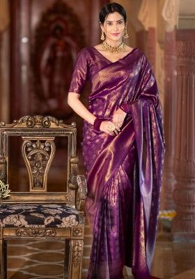 Wine Embroidered Silk Saree Set