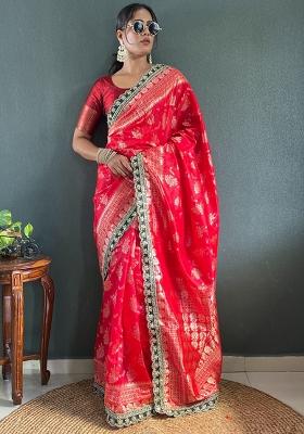 Red Embroidered Silk Saree Set