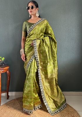 Olive Embroidered Silk Saree Set