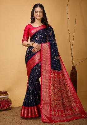 Navy Blue Embroidered Silk Saree Set