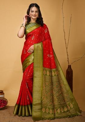 Orange Embroidered Silk Saree Set