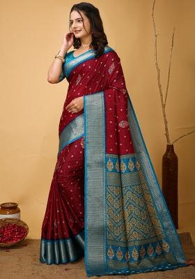 Maroon Embroidered Silk Saree Set