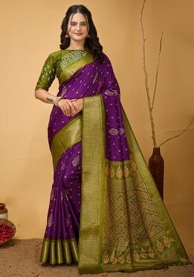 Purple Embroidered Silk Saree Set