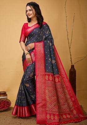 Grey Embroidered Silk Saree Set