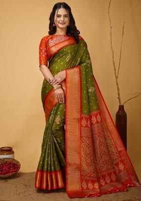 Olive Embroidered Silk Saree Set