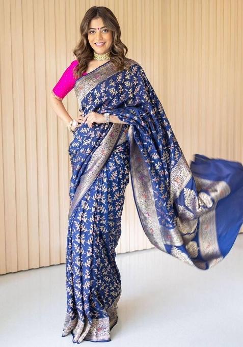 Blue Embroidered Silk Saree Set