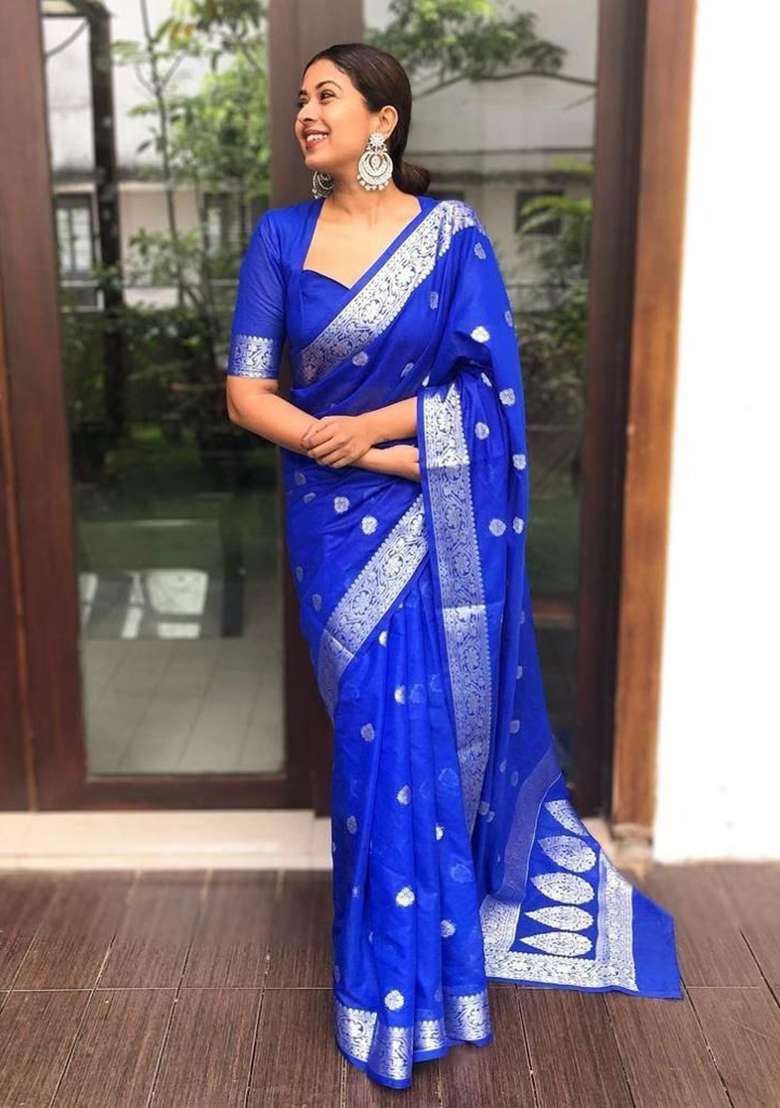 Blue Embroidered Silk Blend Saree Set for Diwali and Festive Wear - Indya