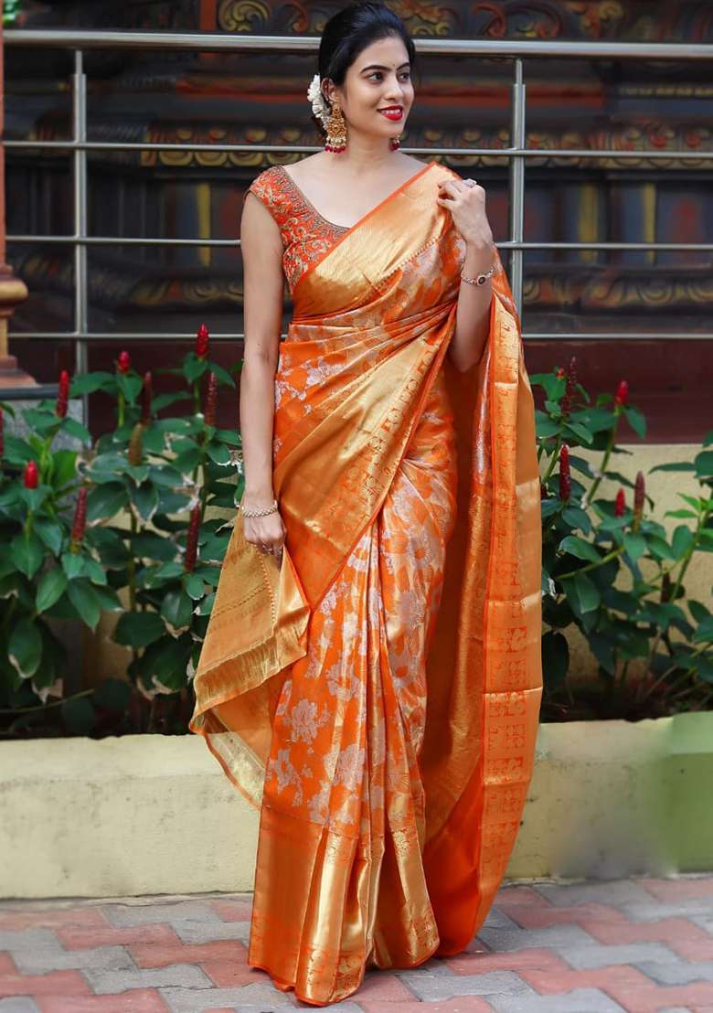 Orange Silk Blend Saree Set with Embroidered for Diwali | Wedding & Festive Wear - Indya
