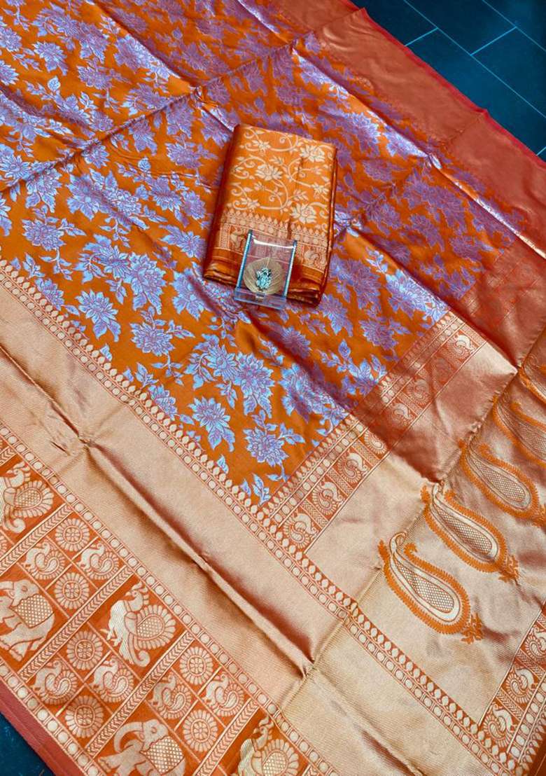 Orange Silk Blend Saree Set with Embroidered for Diwali | Wedding & Festive Wear - Indya