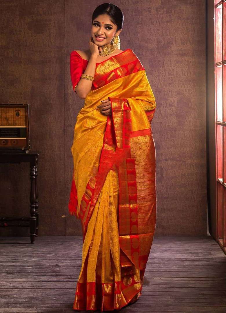Yellow Embroidered Silk Blend Saree Set for Diwali and Festive Wear - Indya