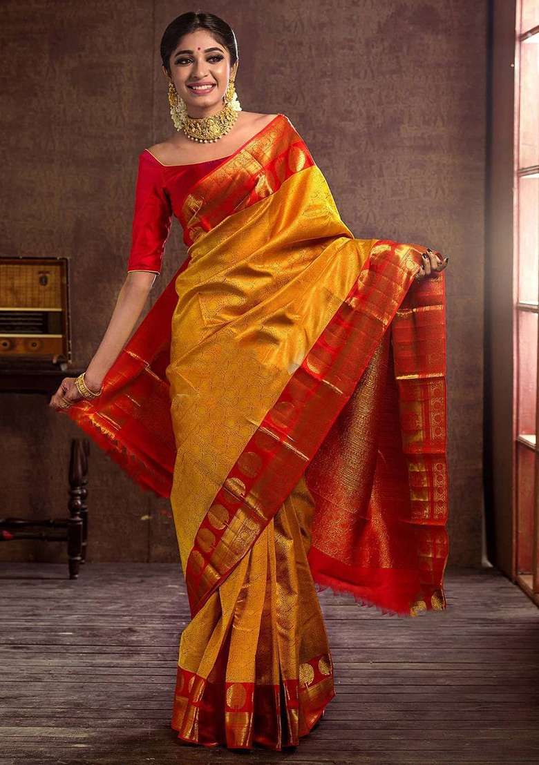 Yellow Embroidered Silk Blend Saree Set for Diwali and Festive Wear - Indya