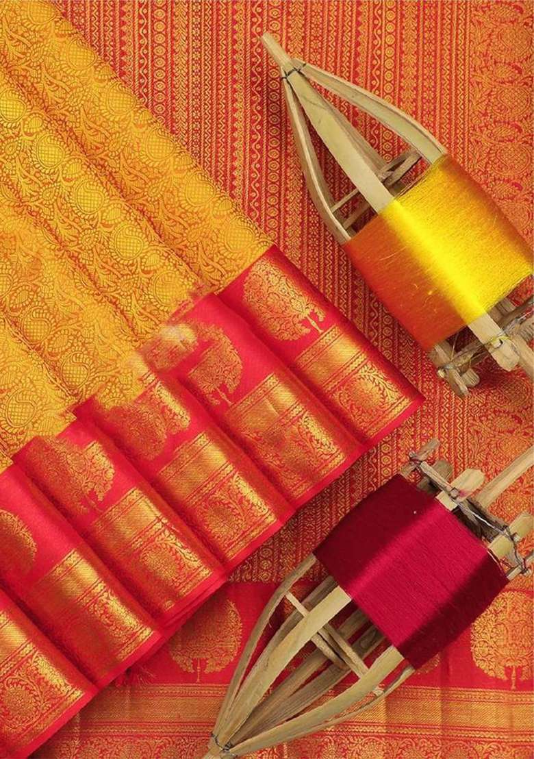Yellow Embroidered Silk Blend Saree Set for Diwali and Festive Wear - Indya