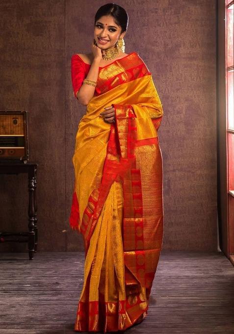 Yellow Embroidered Silk Saree Set