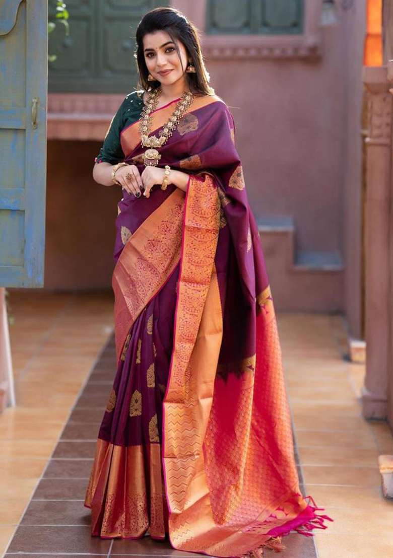 Wine Embroidered Silk Blend Saree Set for Diwali and Festive Wear - Indya
