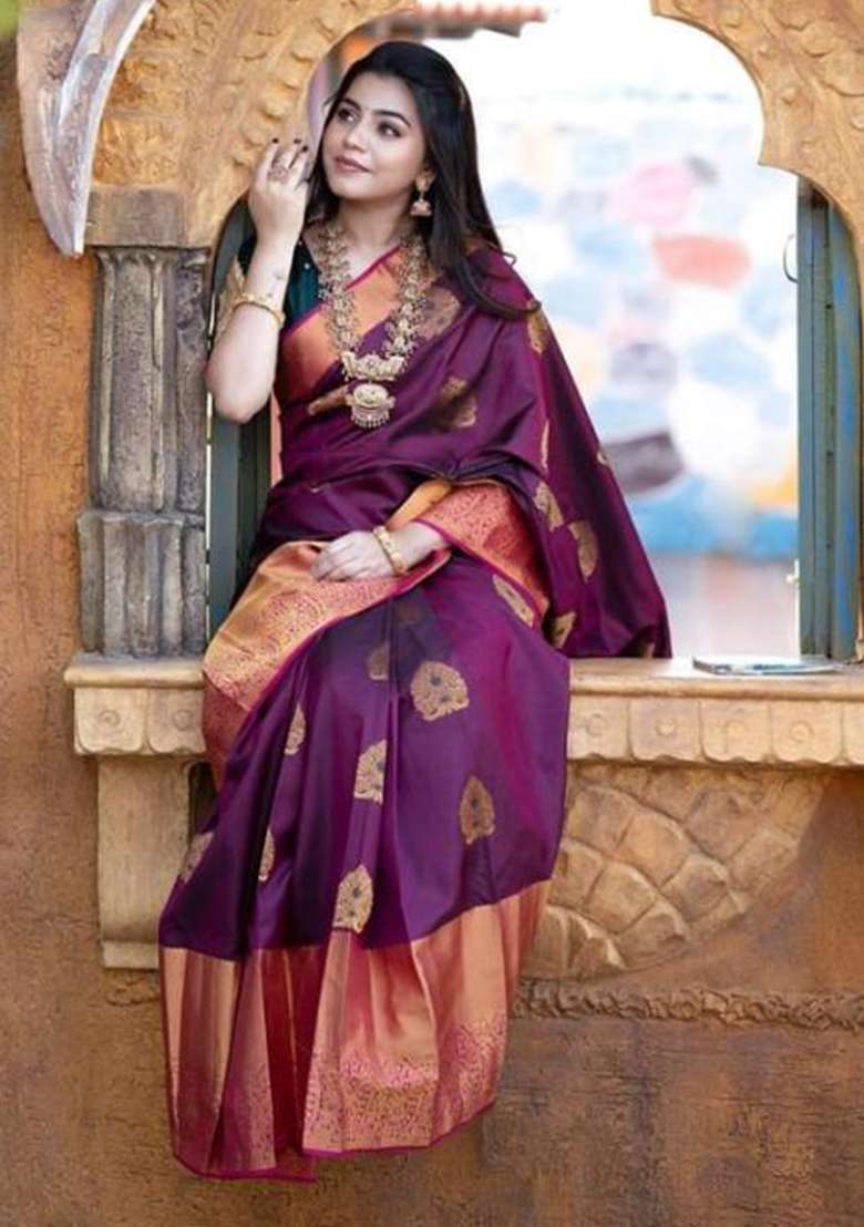 Wine Embroidered Silk Blend Saree Set for Diwali and Festive Wear - Indya