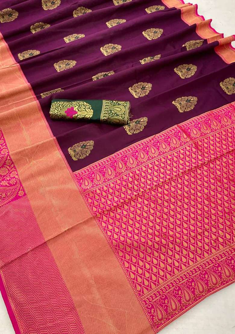 Wine Embroidered Silk Blend Saree Set for Diwali and Festive Wear - Indya