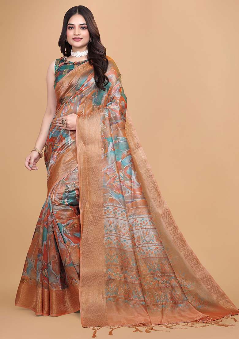 Orange Embroidered Silk Blend Saree Set for Diwali and Festive Wear - Indya