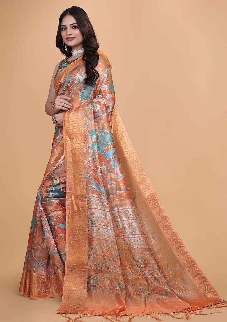 Orange Embroidered Silk Blend Saree Set for Diwali and Festive Wear - Indya