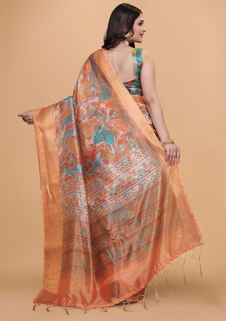 Orange Embroidered Silk Blend Saree Set for Diwali and Festive Wear - Indya