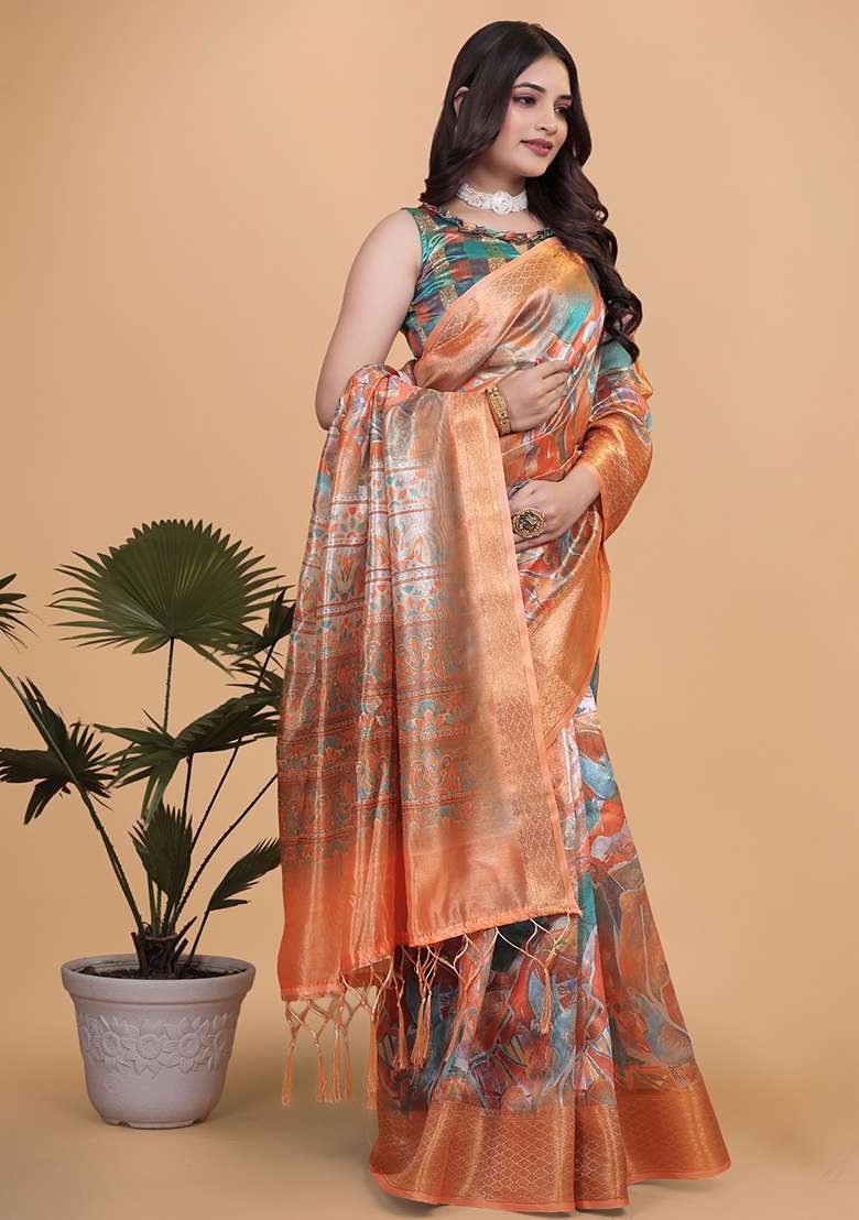 Orange Embroidered Silk Blend Saree Set for Diwali and Festive Wear - Indya