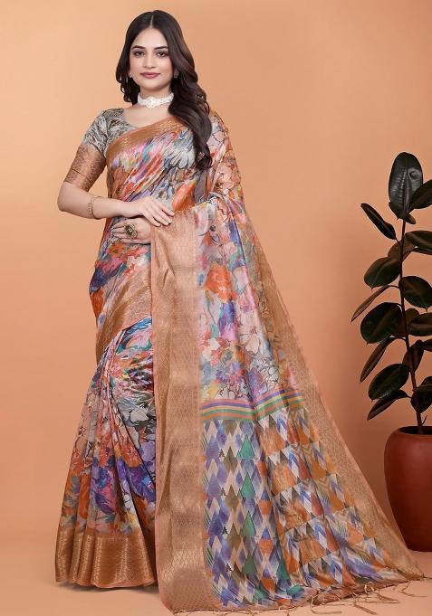Blue Embroidered Silk Saree Set