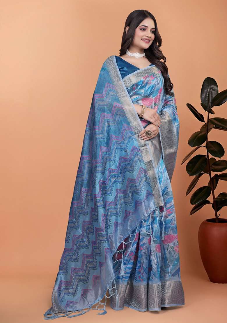 Blue Embroidered Silk Blend Saree Set for Diwali and Festive Wear - Indya