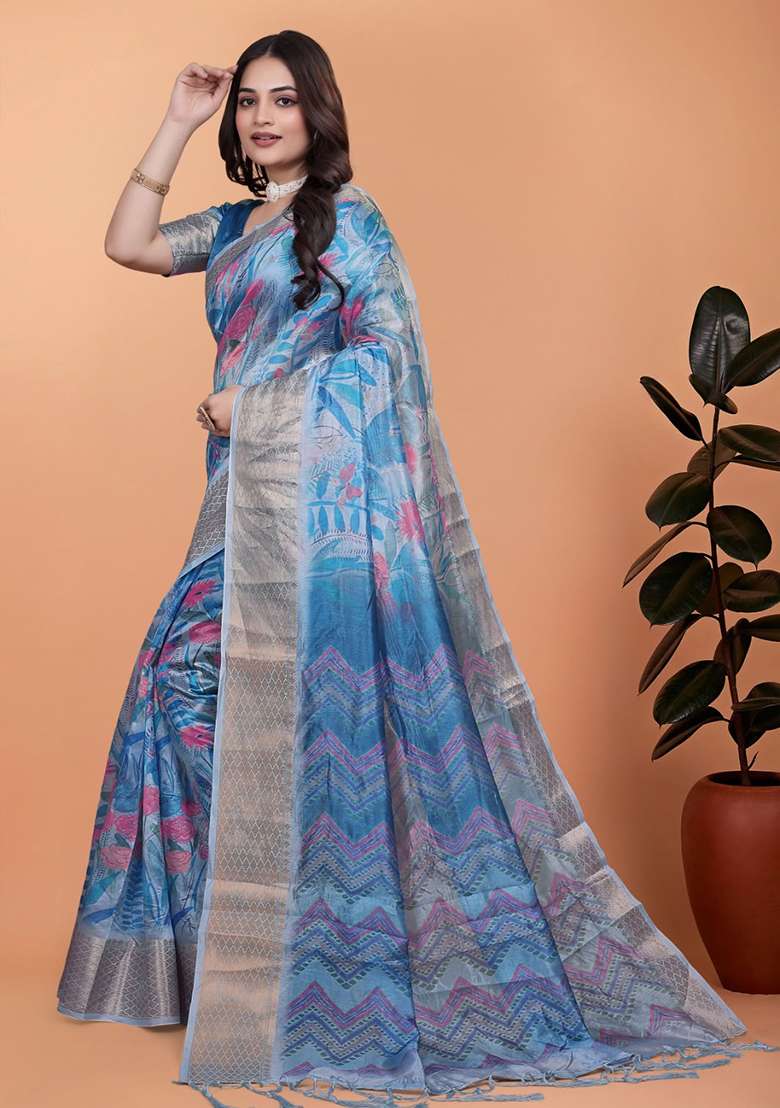 Blue Embroidered Silk Blend Saree Set for Diwali and Festive Wear - Indya