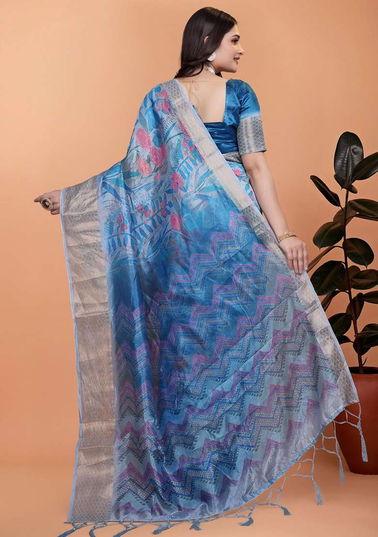 Blue Embroidered Silk Blend Saree Set for Diwali and Festive Wear - Indya